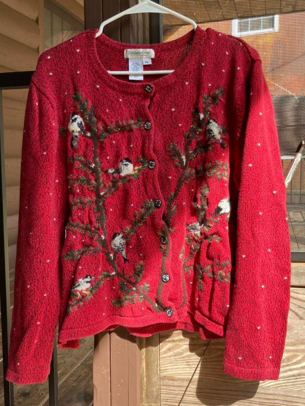 Coldwater Creek Red Bird Embroidered Cardigan Sweater